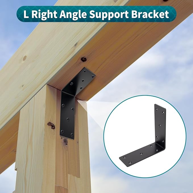6" x 6" x 2-3/8" Heavy Duty Steel L Angle Corner Bracket, 90 Degree Support Bracket for Wood Beams Pergolas Shelves Furniture, Thickness 0.15", Max Load 250 lbs, 4 Pack