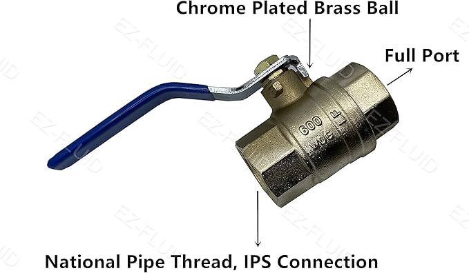 EZ-FLUID 2" NPT Female Threaded IPS Ball Valve Full Port Water Stop Shut Off,Heavy Duty LF Brass,Quarter Turn,Blue Handle (1-Pack)