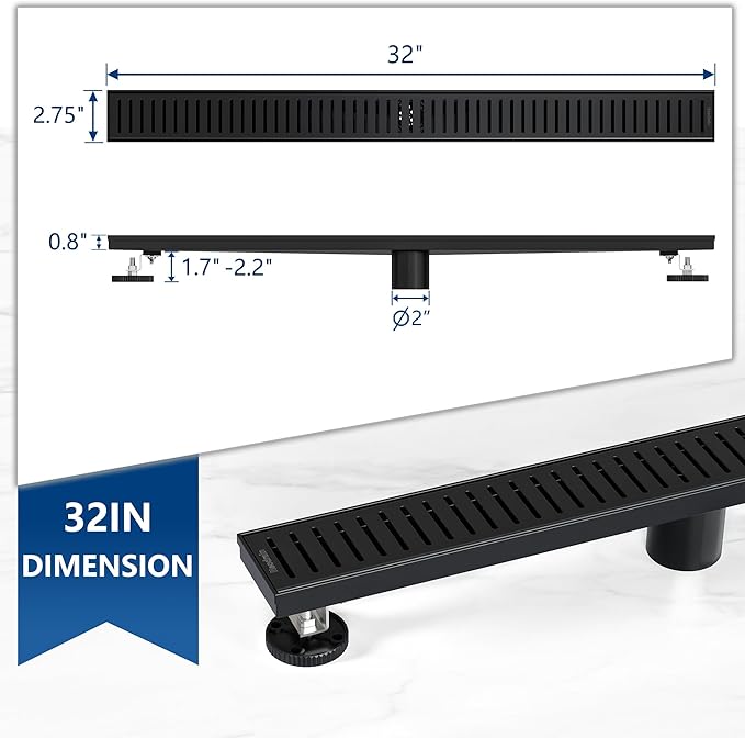 Neodrain 32" Matte Black Bathroom Linear Shower Drain with Removable Capsule Pattern Grate, 304 Stainless Steel Shower Floor Linear Drain- CUPC Certified with Hair Strainer
