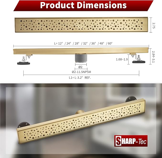 Sharp-tec 48 inch Linear Shower Drain, Golden Linear Drain with cUPC Certification, 304 Stainless Steel Shower Drain Easy to Install and Clean for Bathroom Shower Room, ST-099-48G