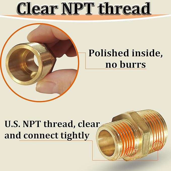 3/4" x 1/2" NPT Male Threaded Reducing Nipple Pipe Fitting Adapter, Brass 3/4 inch MNPT x 1/2 inch MNPT Hex Nipple Reducer, Heavy Duty Pipe Reducer Straight Connector