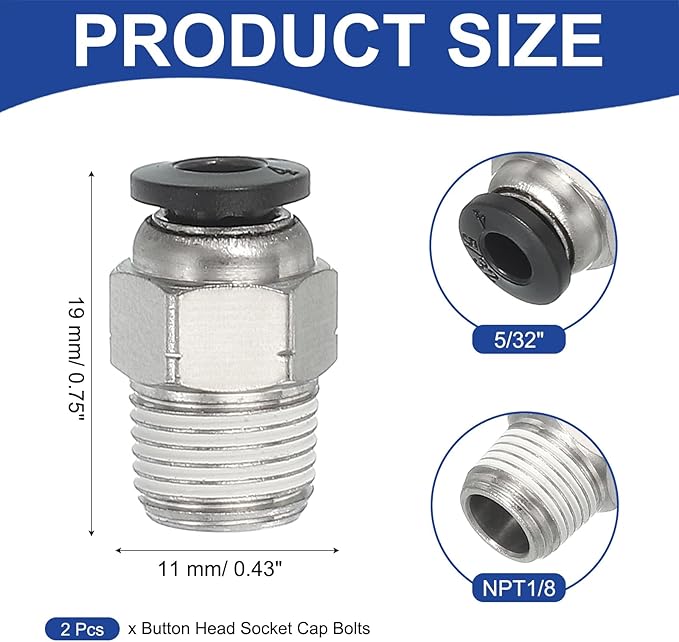 MECCANIXITY 2 Pcs NPT Push to Connect Air Fittings, Male Straight 5/32" Tube OD x 1/8" NPT Thread Air Quick Connector Coupling Adapter for Gas Hose Pneumatic Tools, Black
