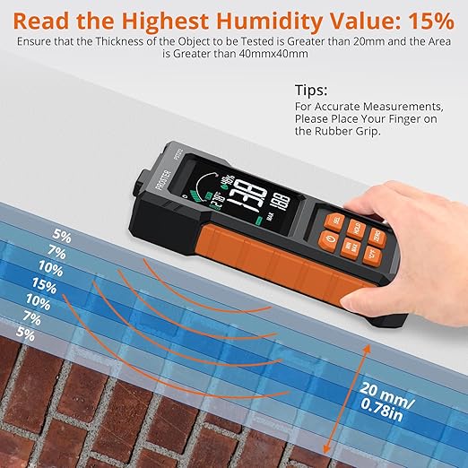 Proster Pinless Moisture Meter with Alarm - Non-Destructive Wood Moisture Tester for Walls, Flooring, Lumber | 20mm Depth, VA Color Screen, Acoustic Alert, 4 Modes (Drywall, Mortar, Hard/Softwood)