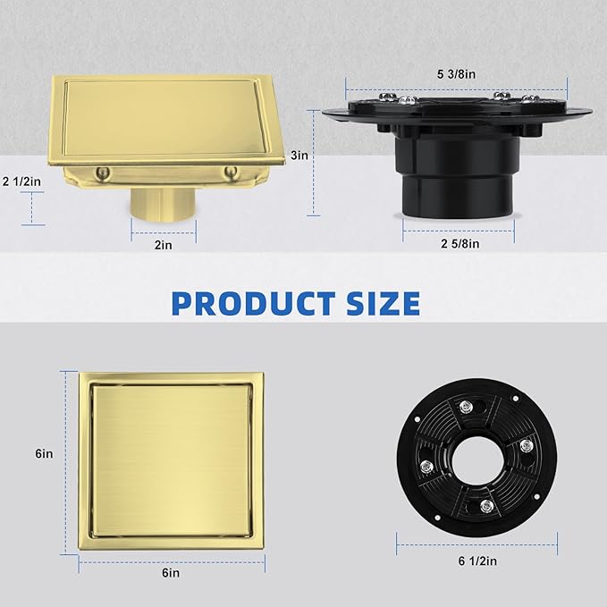morefine Gold Shower Floor Drain 6 inch with Flange, Square Shower Drain with 2 in 1 Tile-Insert Cover, SUS 304 Stainless Steel, Brushed Gold