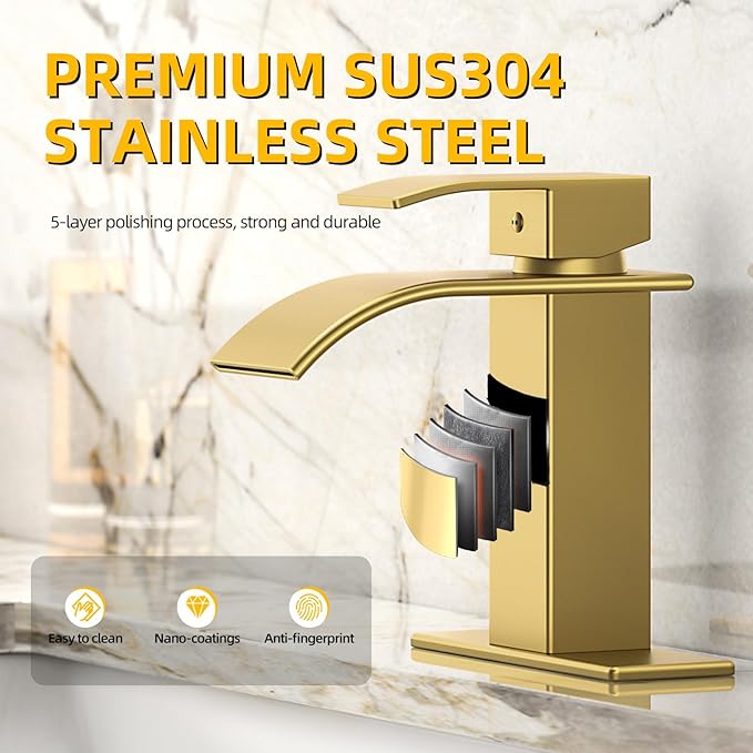 Bathroom Faucet Brushed Gold Modern Waterfall Bathroom Sink Faucet with Single Handle Suitable for 1 or 3 Holes,Supply Deck Plate and Hose…