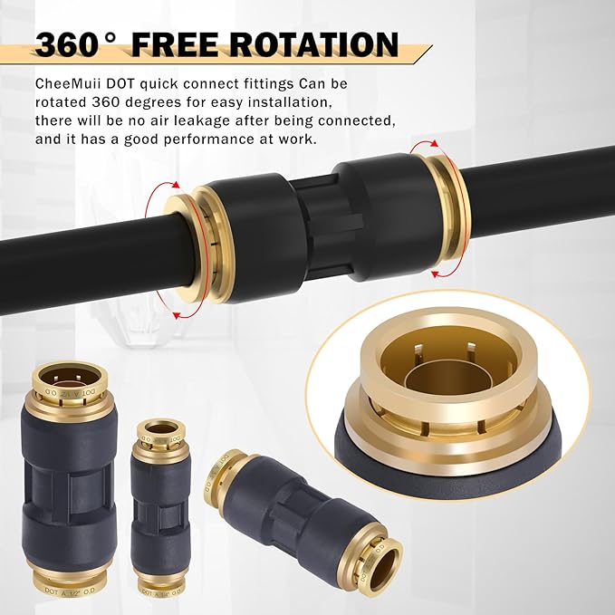 CheeMuii 32 PCS DOT Air Line Fittings 1/4" 3/8" 1/2" DOT Push Lock Air Fittings Brass and Plastic Straight Unions Quick Connect Air Hose Fittings Repair Kit