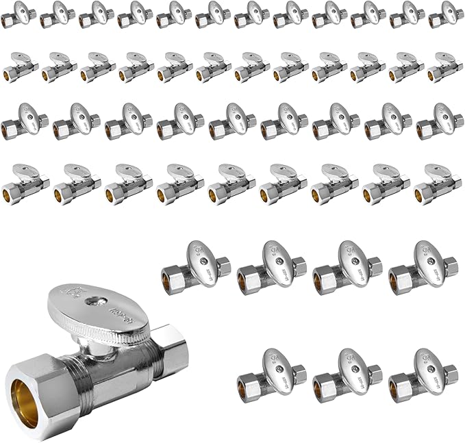 50-Pack Foskan 1/4 Turn Compression Straight Shut off Valve,Straight Stop Valve 1/2" NOM (5/8" OD) x 3/8" OD,Chrome Plated Brass