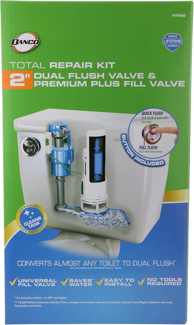 Danco HYR460 HyrdroRight Water-Saving Toilet Tank Repair Kit with Dual Flush Valve, Includes Dual Push Btton Handle in Chrome
