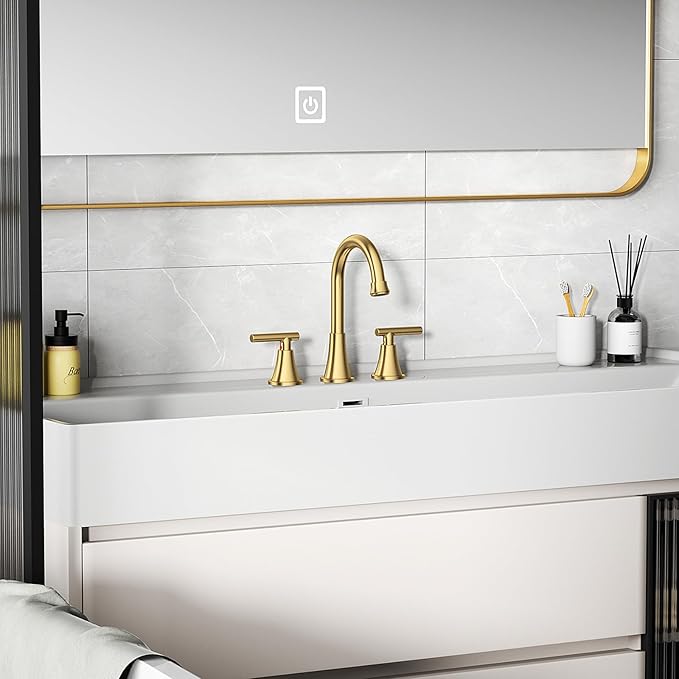Bathroom Faucets for Sink 3 Hole, Hurran Brushed Gold Bathroom Sink Faucet with Pop-up Drain and Supply Lines, Stainless Steel Lead-Free Widespread Faucet for Vanity RV, 2 Pack