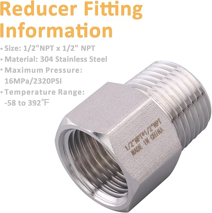 Forged Reducer Adapter Fitting - Stainless Steel 304 Reducing Pipe Connector, 1/2" NPT Female x 1/2" NPT Male (pack of 2)
