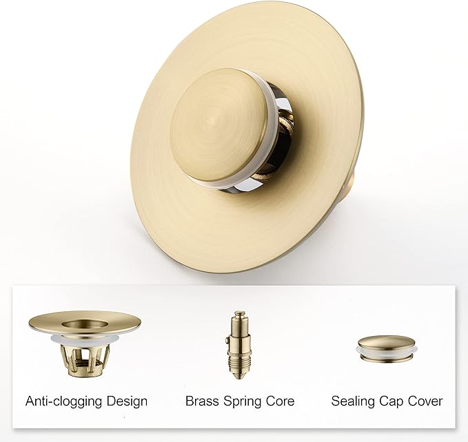 Universal Bathroom Sink Stopper - Bounce Wash Basin Drain Filter, Stainless Steel Pop Up Drain Stopper, Bullet Core Push Type Sink Stopper, Sink Drain Plug with Anti-Clogging Strainer, Brushed Gold1