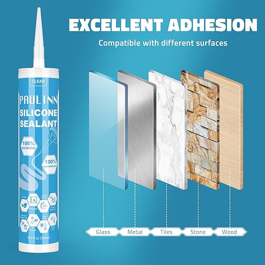 PAULINN Silicone Sealant, 100% Silicone Caulk Clear Waterproof for RV, Kitchen, Bath, General Use, Window, Door, Glass, Marine, 10.2 Oz, 1 Pack