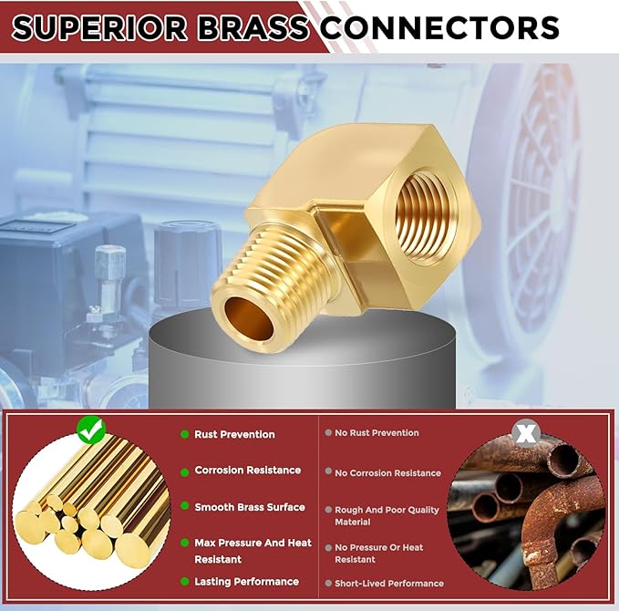 Packs of 2, 90° 1/8" FeMale NPT to 1/8" Male NPT Solid Brass Barstock Street Elbow, Forged Pipe Fitting for Pipe Leak Repair, Bathroom Remodeling, Tool Extensions, Compression