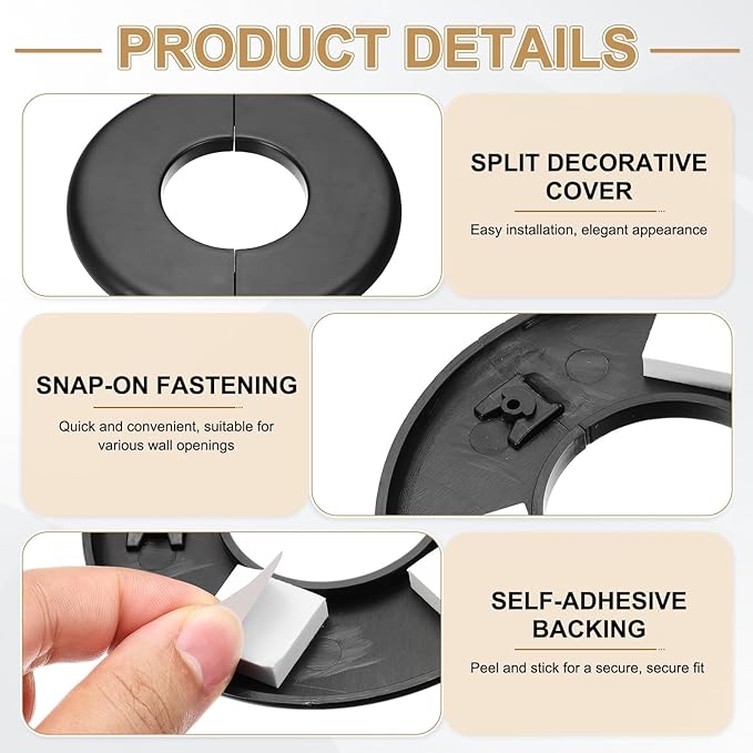 PATIKIL Wall Split Flange 105mm / 4.1" OD, 4 Pcs Round Escutcheon Plate Cover PPR Plumbing Cover Plates with Self-Adhesive Tape for 44mm / 1.7" Dia Water Pipe Faucet, Black