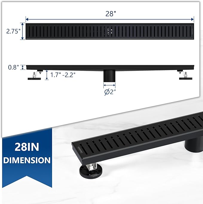 Neodrain 28" Matte Black Bathroom Linear Shower Drain with Removable Capsule Pattern Grate, 304 Stainless Steel Shower Floor Linear Drain- CUPC Certified with Hair Strainer