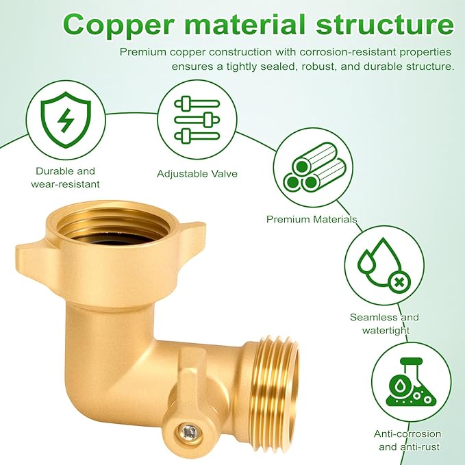 Garden Hose 90 Degree Elbow, with Shut Off Valves 3/4 Inch Solid Brass RV Water Hose Connector Fittings Adapter, Includes Washers for RV Hookups & Outdoor Faucets, 2 Pack