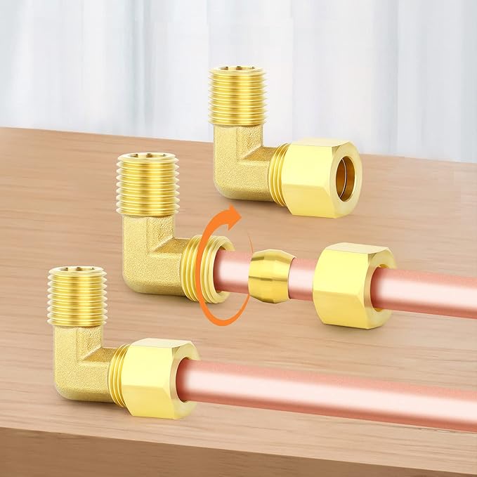 GASHER 10PCS Brass 90 Degree Elbow Compression Tube Pipe Fitting Connector, 3/8" Tube OD x 1/4" NPT Male Connector
