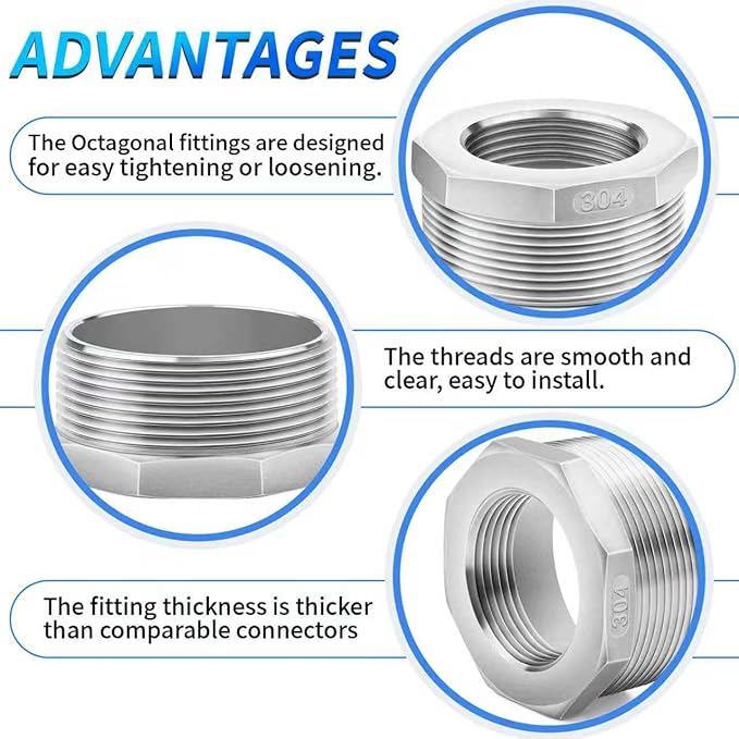 ChillWaves 304 Stainless Steel Pipe Fitting, Reducer Hex Bushing 2" NPT Male x 3/4" NPT Female Thread Adapter(1-PACK)
