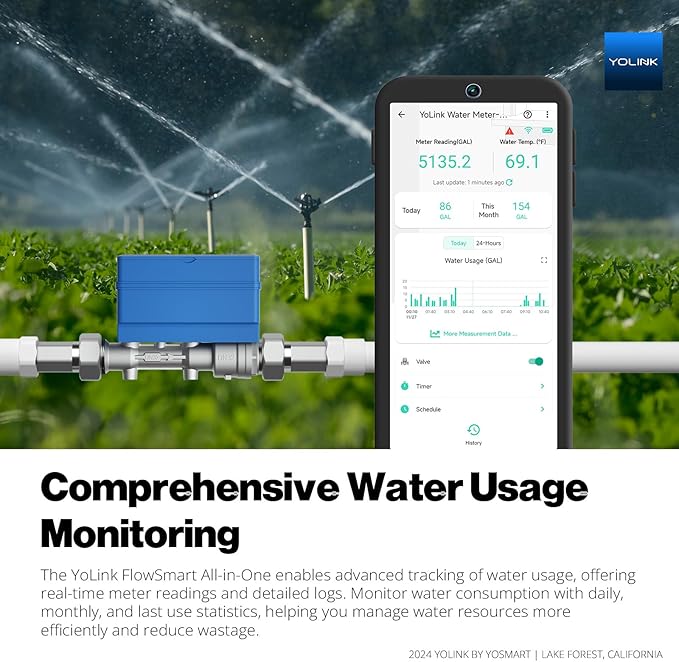 NSF Certified YoLink FlowSmart All-in-One Smart Water Meter & Auto Shutoff for 1.5" Pipes, LoRa Long-Range, Real-Time Leak Detection, 10-Year Battery, 80+ Device Ecosystem, Hub Required