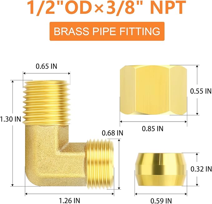 GASHER 5PCS Brass 90 Degree Elbow Compression Tube Pipe Fitting Connector, 1/2" Tube OD x 3/8" NPT Male Connector