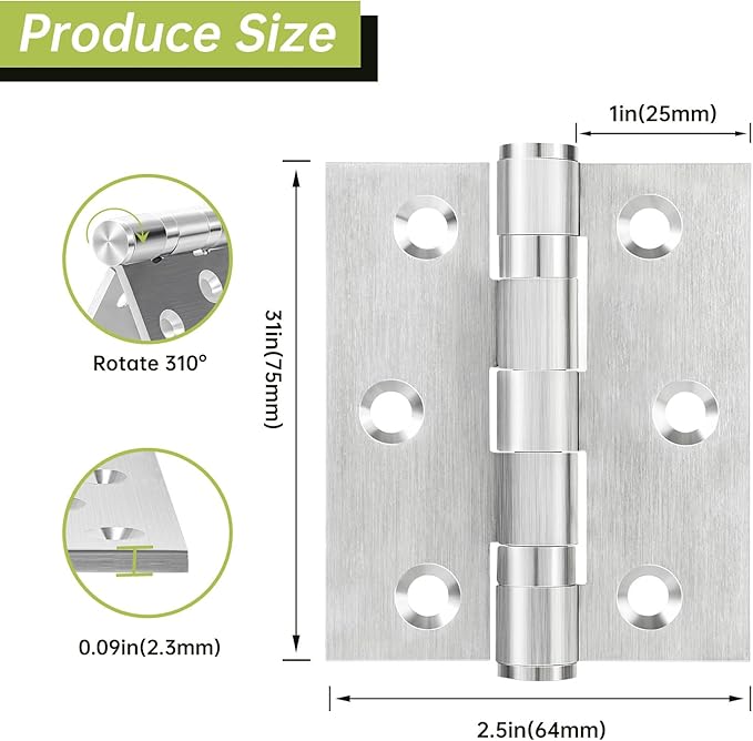 6Pcs Stainless Steel Door Hinges 3 Inch, Heavy Duty Ball Bearing Hinges for Interior Exterior Doors, Square Corner, Max Loading 100LB, Smooth and Quiet, Silver
