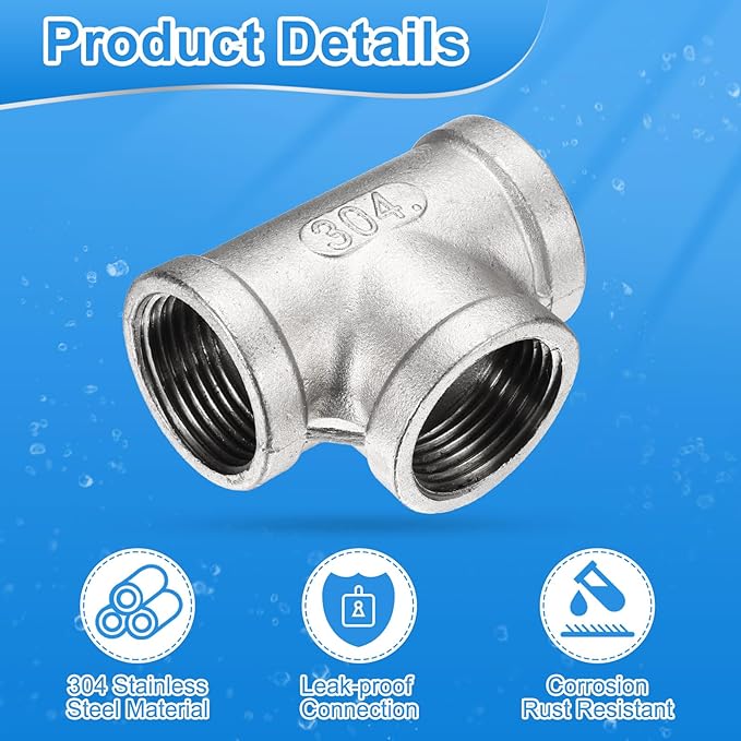 uxcell 4 Pcs 304 Stainless Steel Tee Pipe Fittings G3/4" Female Tee Adapter 3 Way t Shaped Cast Pipe Fitting Connector with Seal Tape for Plumbing Drainage Pipes Heating Systems