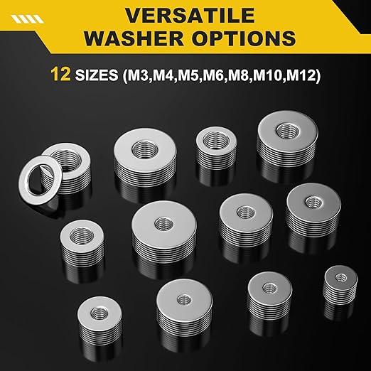 108Pcs 304 Stainless Steel Flat Washers, Fender Washers Assortment Kit 12 Sizes (M3-M12) Metal Washers for Screws Bolts Large and Small Hardware for Various Home Industrial Automotive