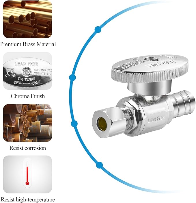 WiseWater Straight Stop Valve 1/2" PEX x 3/8" Compression, 1/4 Turn with 5 Stainless Steel Clamps, Heavy-Duty Chrome Plated Brass Shut Off Valve for Sink & Toilet (5-Pack)