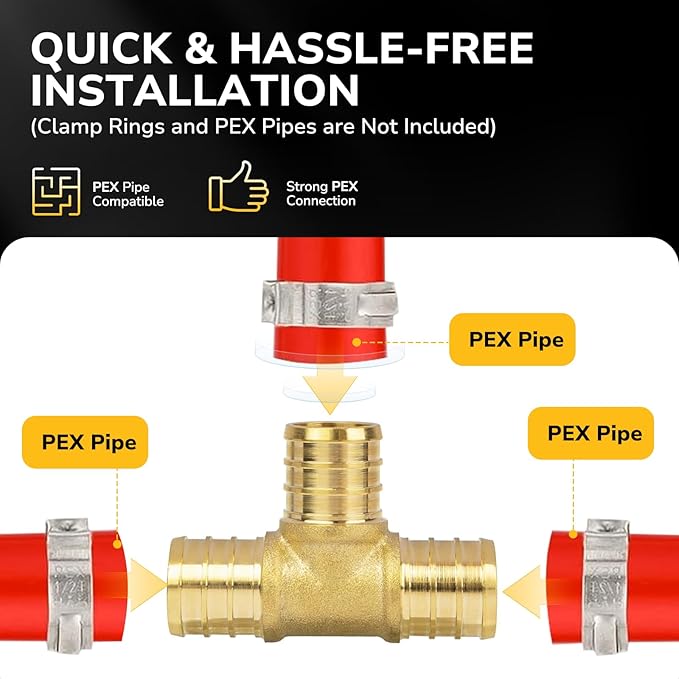 25 Pack 1/2" PEX Tee, PEX Fittings, Heavy-Duty Brass Crimp Fittings for PEX Pipes with Leak-Resistant Construction, NSF & UPC Certified