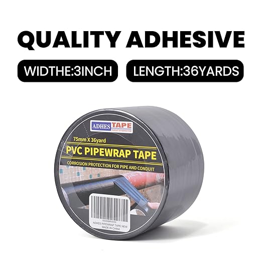 ADHES Corrosion Protection Pipe Tape, PVC Weatherproof Wrap Duct Tape for Drain Pipe, Metal & Electrical Piping, Outdoor, Underground Pipe, 3 Inch X 36 Yds, Black