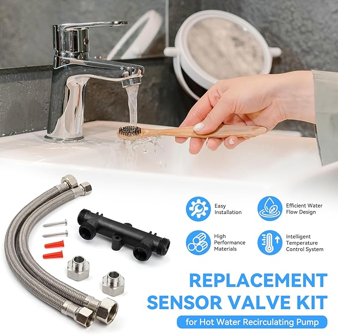 WP596816 Sensor Valve Kit for watts Recirculating Hot Water Pump, Essential Component of Hot Water Recirculation System, Includes 2 x 12in Stainless Steel Pipes & Thermal Bridge Valve