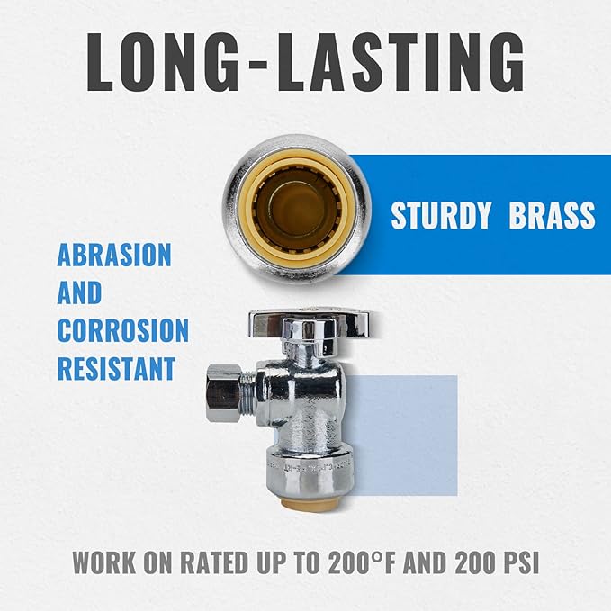 SUNGATOR 6-Pack Angle Stop Valve, Angle Water Shut Off Valve 1/2 x 1/4 Inch Compression, Toilet Water Shutoff, 1/4 Turn, No Lead Brass Push to Connect Plumbing Fitting, Pushfit, PEX Pipe, Copper, CPVC