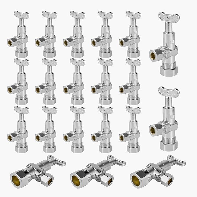 20-Pack GUOFIS Angle Stop Valve with 1/4 Turn Loose Control Key,1/2" Nominal (5/8" OD) Compression x 3/8" OD,Chrome Plated Brass Shut-off Valves for Potable Water(VALVE142-20Pack)