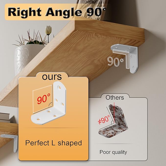 Alise 4Pcs Stainless Steel L Brackets for Shelves White, Small Floating Shelf Brackets, 90 Degree Right Angle Bracket, Heavy Duty Metal L Bracket Corner Brackets for Wood Furniture (2.56X2.56 in)