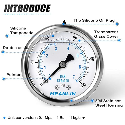 MEANLIN MEASURE 0~100Psi Stainless Steel 1/4" NPT 2.5" FACE DIAL Liquid Filled Pressure Gauge WOG Water Oil Air Center Back Mount, with 1/2" NPT and 3/8" NPT Hex Bushing