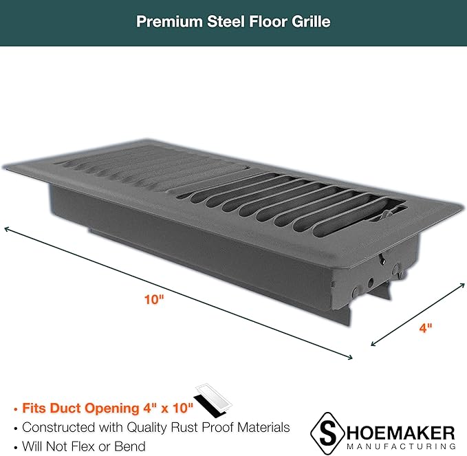 Shoemaker 4x10 Floor Register – Storm Gray Heavy Duty Metal Floor Vent Cover for Home Floors - Premium Forced Air Vent Covers