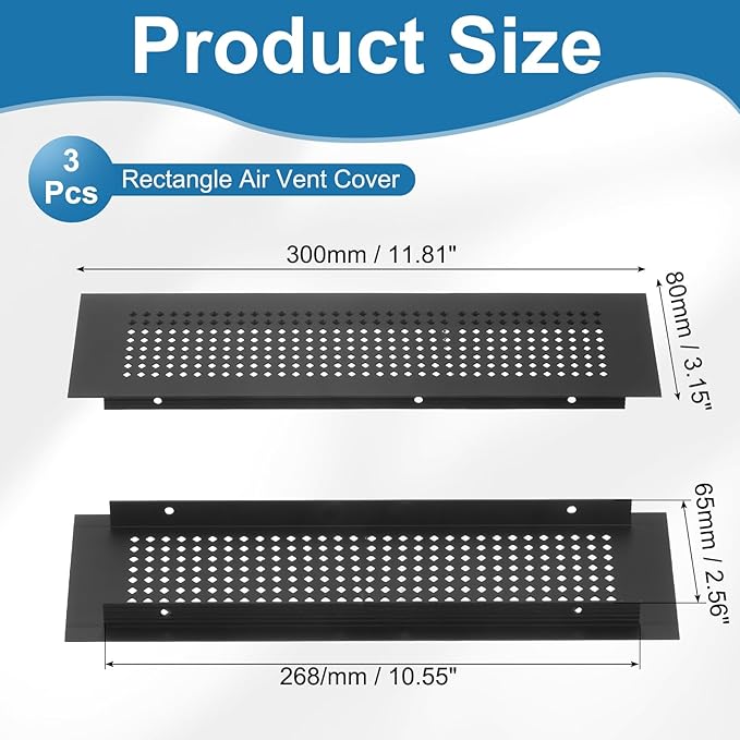 PATIKIL 12 x 3 Inch Door Air Vent Cover, 3 Pcs Aluminum Grille Ventilation Cover Louvered Diamond Hole with Mounting Screws for Cabinet Wardrobe Ceiling Door, Black