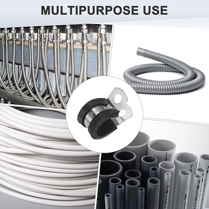 20-Pack Cable Clamps, 33/64 Inch/ 13 mm 304 Stainless Steel Rubber Cushioned Insulated Cable Clamp R Shape Metal Holder for Tube/Wire/Pipe/Loop Installation