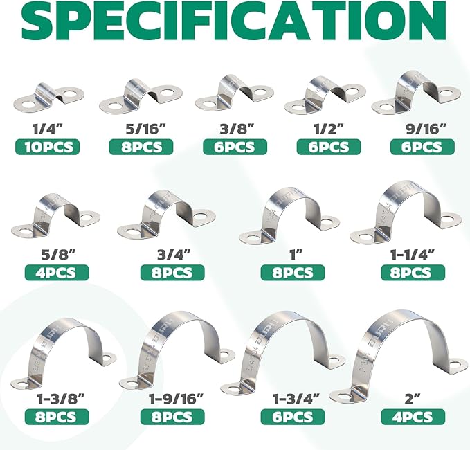 90pcs Conduit Clamp Assortment Kit 304 Stainless Steel, 16 Sizes (1/4"-4") Rigid Metal Pipe Clamp U Bracket, 2 Holes Pipe Strap for Automotive, Wire & Tube