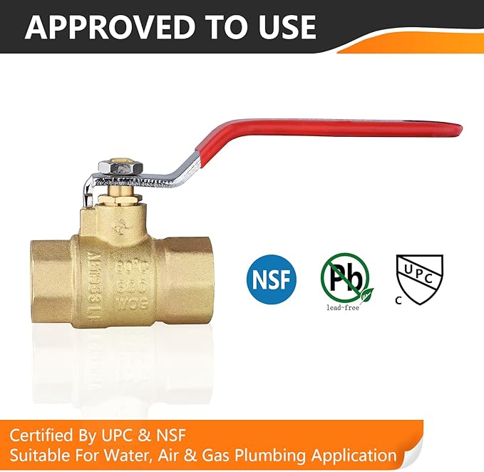 5-Pack HeSun 1/2 Inch FIP Threaded Ball Valve, Brass Full Port Shut-off Valve,1/2" Female NPT x 1/2" Female NPT, 600 WOG (Water, Oil and Gas),Red(VALVE034-5)