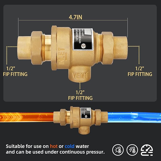 1/2 Inch 9D-M3 Backflow Preventer Brass Dual Check Valve with Intermediate Atmospheric Vent,1/2 Inch,Female Union Inlet and Outlet,190T012,Replacement for Watts