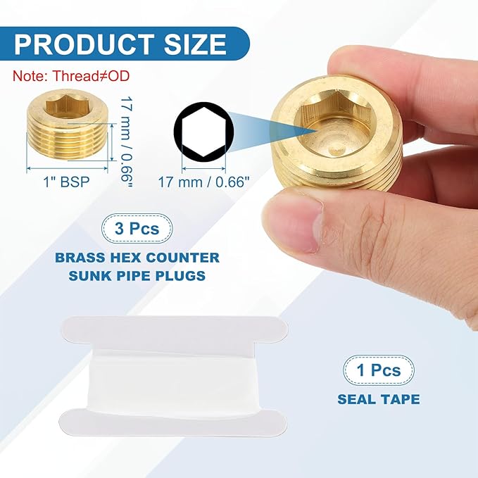 PATIKIL 1" BSP Male Pipe Plug Fitting, 1Pcs Brass Hex Counter Sunk Plug Brass Male Connector Socket for Closing the End of Pipe Industrial Machinery Fittings