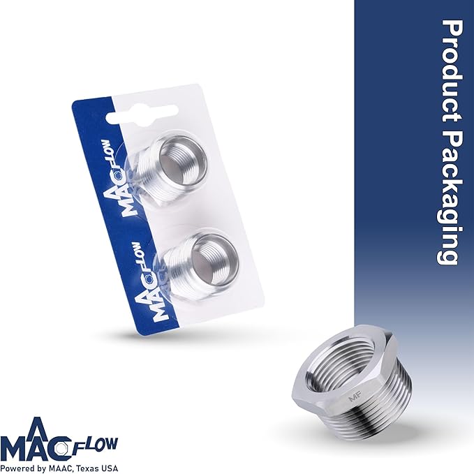 MAACFLOW Stainless Steel 3/4" Male NPT to 1/2" Female NPT Adapter Reducer Hex Bushing (Thread OD 1.02" - ID 0.72") (pack of 2)