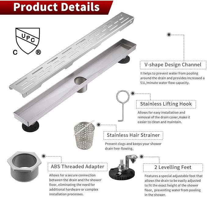 Sharp-tec Linear Shower Drain, 24 inch Shower Drain with Removable Pattern Cover, Brushed Nickel 304 Stainless Steel Rectangle Floor Drain, Adjustable Feet and Hair Strainer Included (Model 101)