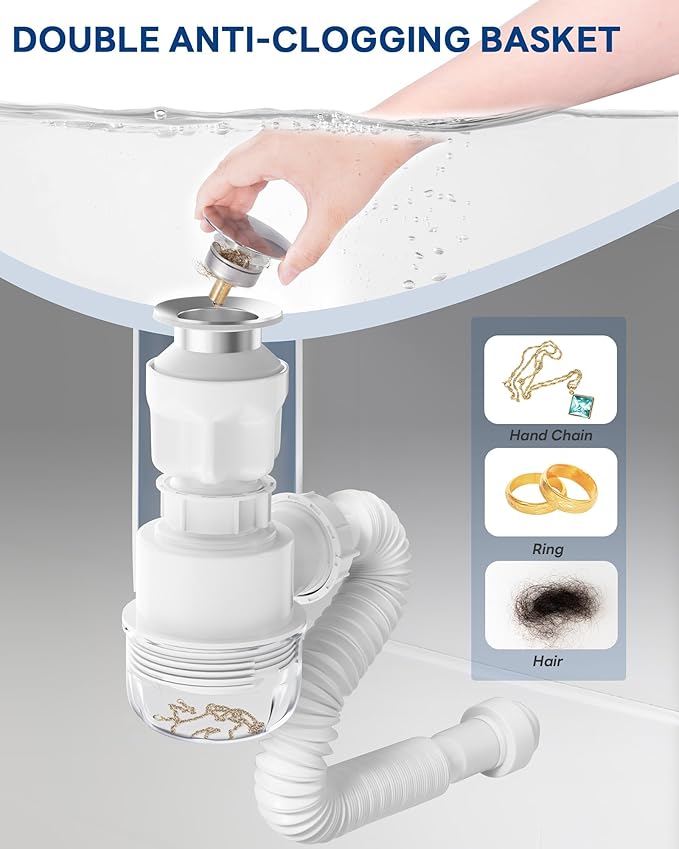 BOTEMY Brushed Bathroom Sink Drain Kit with Flexible Sink Drain Pipe -No Tool Installation,11.8-28.4" Anti-Odor Expandable Sink P-Trap,1.25"-1.5" Pop Up Stopper &Strainer Hair Catcher(with Overflow)