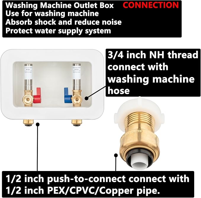 (1 Pack) Lidertik Washing Machine Outlet Box Push to Connect with Hammer Arrestors and Center Drain, Inlet 1/2 inch Push to Connect x Outlet 3/4 inch Male Thread, Absorb Shock And Reduce Noise 651-LK