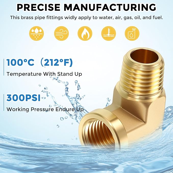 Pack of 2, 90° 3/8" NPT FeMale to 3/8" NPT Male Solid Brass Barstock Street Elbow, Forged Pipe Fitting for Pipe Leak Repair, Bathroom Remodeling, Tool Extension, Compression
