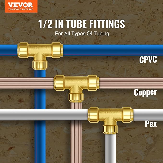 VEVOR Pipe Fittings, 1/2" 12PCS Tee Brass Pipe Fittings, Push-Fit Pipe Connector Brass Air Fittings, Heavy Duty Plumbing Fittings Adapter for Heating/Shower Systems, Water Pipes