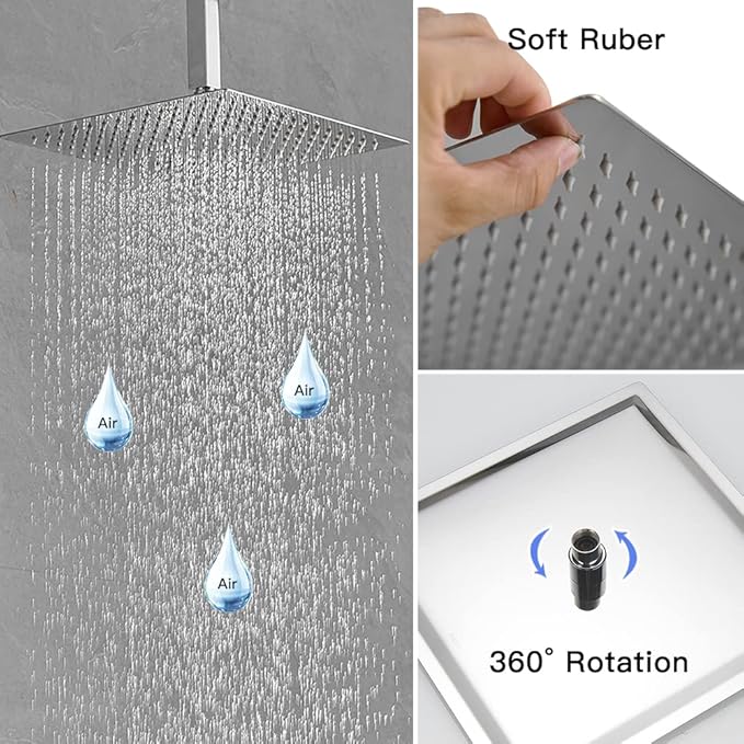 BWE 16 Inch Ceiling Mounted Shower System Chrome Rainfall Shower Head with Handheld Spray Modern Bathroom Luxury Rain Mixer Shower Combo Set Shower Faucet Rough-in Valve Body and Trim Included