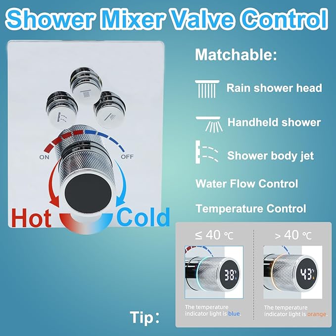 Digital Display Shower Valve Shower Valve 3 Way Shower Diverter Valve Shower Mixing Valve Can Use All the Time Polished Chrome